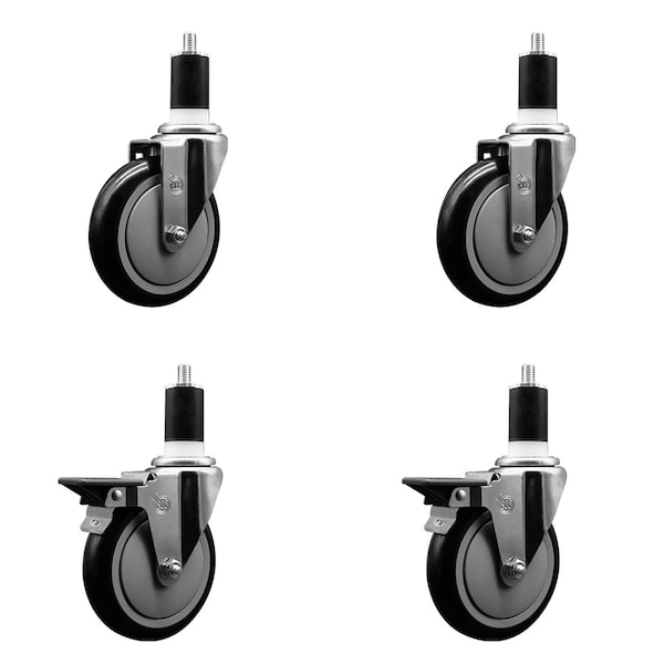Service Caster 5'' Black Poly Wheel Swivel 1-1/2'' Expanding Stem Caster Set 2 Brakes, 4PK SCC-EX20S514-PPUB-BLK-2-PLB-2-112 - main